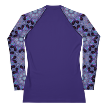 Load image into Gallery viewer, Women's Rash Guard, UPF 50+ Fabric in Purple, Kaleidoscope Rose Window Sleeves