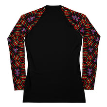 Load image into Gallery viewer, Women's UPF 50+Rash Guard/ Layering Shirt in Ankara Sleeves on Black Background