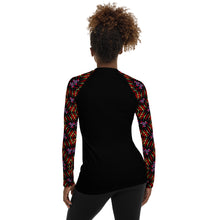 Load image into Gallery viewer, Women's UPF 50+Rash Guard/ Layering Shirt in Ankara Sleeves on Black Background