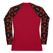 Load image into Gallery viewer, Women's UPF 50+Rash Guard/ Layering Shirt in Ankara Sleeves on Crimson Background