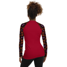 Load image into Gallery viewer, Women's UPF 50+Rash Guard/ Layering Shirt in Ankara Sleeves on Crimson Background