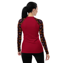 Load image into Gallery viewer, Women's UPF 50+Rash Guard/ Layering Shirt in Ankara Sleeves on Crimson Background