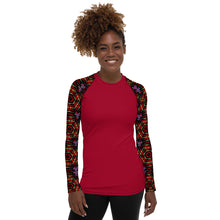 Load image into Gallery viewer, Women's UPF 50+Rash Guard/ Layering Shirt in Ankara Sleeves on Crimson Background