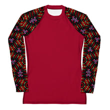 Load image into Gallery viewer, Women's UPF 50+Rash Guard/ Layering Shirt in Ankara Sleeves on Crimson Background