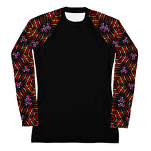Load image into Gallery viewer, Women's UPF 50+Rash Guard/ Layering Shirt in Ankara Sleeves on Black Background