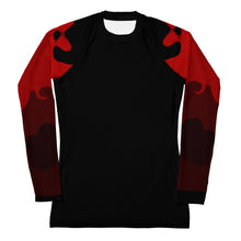 Load image into Gallery viewer, Women's Rash Guard and Layering Shirt in Abstract Red Flame Design on Sleeves, Black Background