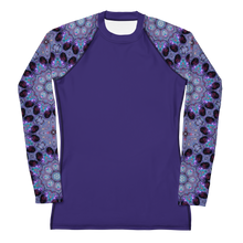 Load image into Gallery viewer, Women's Rash Guard, UPF 50+ Fabric in Purple, Kaleidoscope Rose Window Sleeves