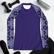 Load image into Gallery viewer, Women's Rash Guard, UPF 50+ Fabric in Purple, Kaleidoscope Rose Window Sleeves