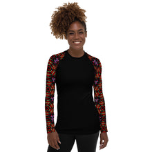 Load image into Gallery viewer, Women's UPF 50+Rash Guard/ Layering Shirt in Ankara Sleeves on Black Background