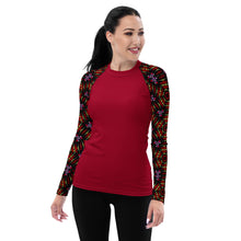 Load image into Gallery viewer, Women's UPF 50+Rash Guard/ Layering Shirt in Ankara Sleeves on Crimson Background
