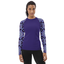 Load image into Gallery viewer, Women's Layering Shirt Rash Guard 50+ UPF in Rose Window Kaleidoscope Sleeves on Purple