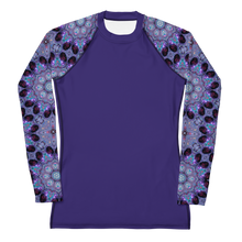 Load image into Gallery viewer, Women's Layering Shirt Rash Guard 50+ UPF in Rose Window Kaleidoscope Sleeves on Purple