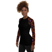 Load image into Gallery viewer, Women's UPF 50+Rash Guard/ Layering Shirt in Ankara Sleeves on Black Background