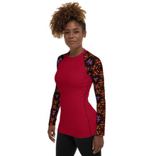 Load image into Gallery viewer, Women's UPF 50+Rash Guard/ Layering Shirt in Ankara Sleeves on Crimson Background