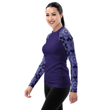 Load image into Gallery viewer, Women's Rash Guard, UPF 50+ Fabric in Purple, Kaleidoscope Rose Window Sleeves