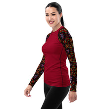 Load image into Gallery viewer, Women's UPF 50+Rash Guard/ Layering Shirt in Ankara Sleeves on Crimson Background