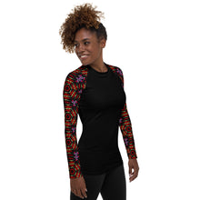 Load image into Gallery viewer, Women's UPF 50+Rash Guard/ Layering Shirt in Ankara Sleeves on Black Background