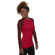 Load image into Gallery viewer, Women's UPF 50+Rash Guard/ Layering Shirt in Ankara Sleeves on Crimson Background