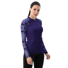 Load image into Gallery viewer, Women's Rash Guard, UPF 50+ Fabric in Purple, Kaleidoscope Rose Window Sleeves