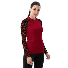 Load image into Gallery viewer, Women's UPF 50+Rash Guard/ Layering Shirt in Ankara Sleeves on Crimson Background
