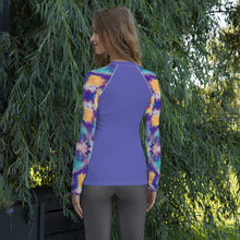 Load image into Gallery viewer, Women's Rash Guard and Layering Shirt in Meander on Peri Background
