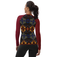 Load image into Gallery viewer, Women's Rash Guard/Layering Shirt with UPF50+ Fabric in Kaleidoscope 2 with Crimson Sleeves