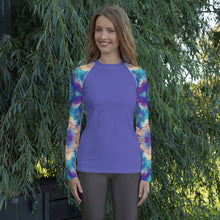 Load image into Gallery viewer, Women's Rash Guard and Layering Shirt in Meander on Peri Background