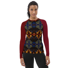 Load image into Gallery viewer, Women's Rash Guard/Layering Shirt with UPF50+ Fabric in Kaleidoscope 2 with Crimson Sleeves