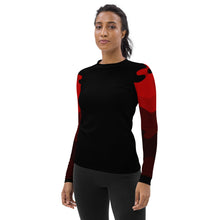 Load image into Gallery viewer, Women's Rash Guard and Layering Shirt in Abstract Red Flame Design on Sleeves, Black Background
