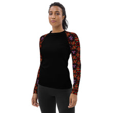 Load image into Gallery viewer, Women's UPF 50+Rash Guard/ Layering Shirt in Ankara Sleeves on Black Background