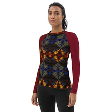 Load image into Gallery viewer, Women's Rash Guard/Layering Shirt with UPF50+ Fabric in Kaleidoscope 2 with Crimson Sleeves