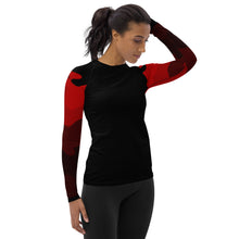 Load image into Gallery viewer, Women's Rash Guard and Layering Shirt in Abstract Red Flame Design on Sleeves, Black Background