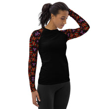 Load image into Gallery viewer, Women's UPF 50+Rash Guard/ Layering Shirt in Ankara Sleeves on Black Background
