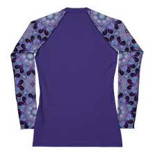 Load image into Gallery viewer, Women&#39;s Rash Guard, UPF 50+ Fabric in Purple, Kaleidoscope Rose Window Sleeves
