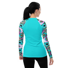 Load image into Gallery viewer, Women&#39;s Rash Guard and Layering Shirt in Posies and Turquoise Background
