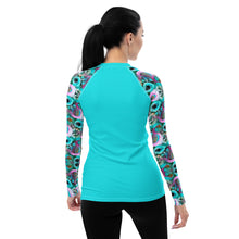 Load image into Gallery viewer, Women&#39;s Rash Guard in Original Design- Turquoise with Painted Posies
