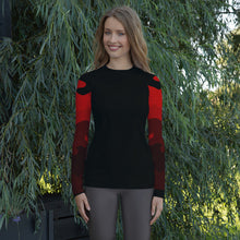 Load image into Gallery viewer, Women&#39;s Rash Guard and Layering Shirt in Abstract Red Flame Design on Sleeves, Black Background
