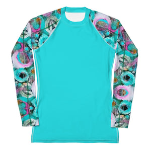 Women's Rash Guard and Layering Shirt in Posies and Turquoise Background