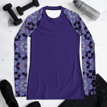 Load image into Gallery viewer, Women&#39;s Rash Guard, UPF 50+ Fabric in Purple, Kaleidoscope Rose Window Sleeves
