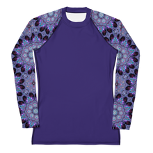 Load image into Gallery viewer, Women&#39;s Layering Shirt Rash Guard 50+ UPF in Rose Window Kaleidoscope Sleeves on Purple
