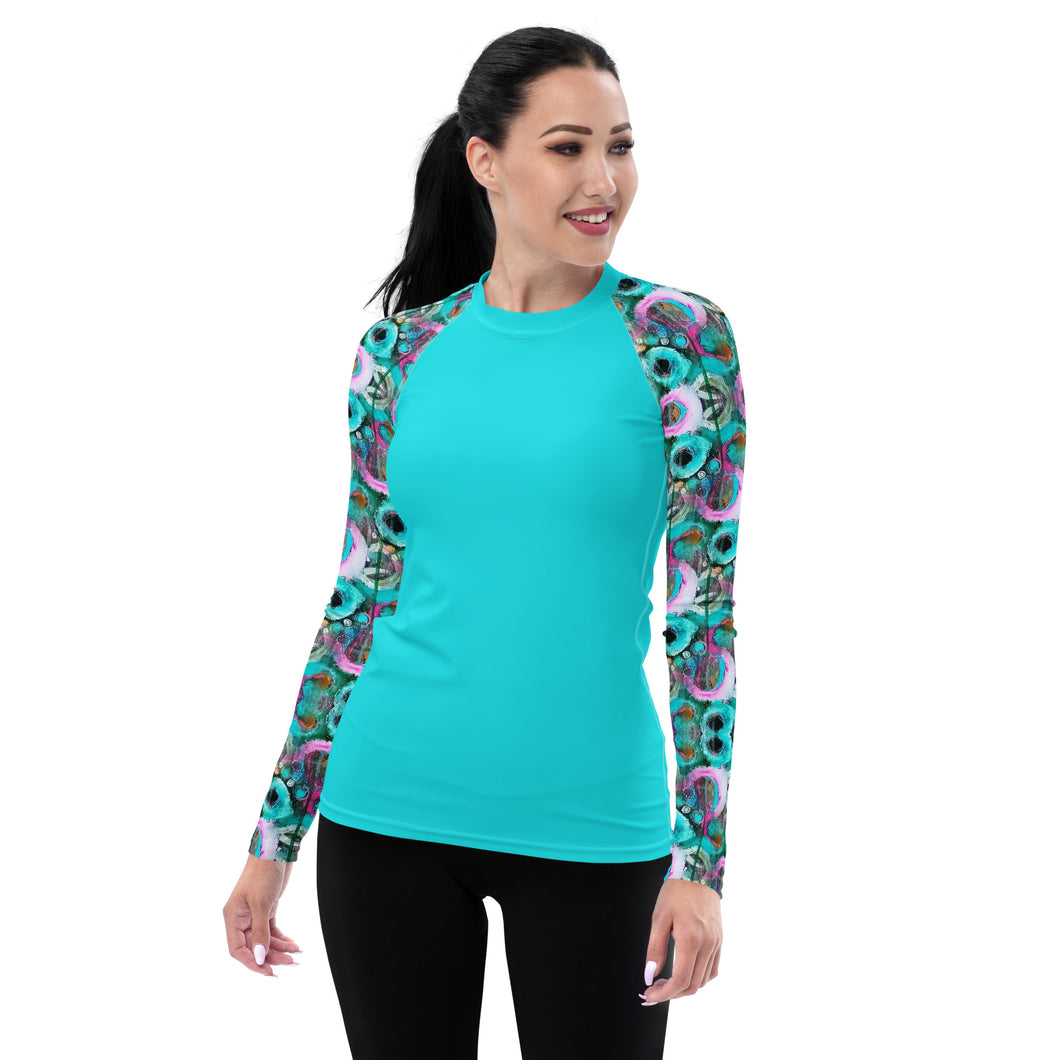 Women's Rash Guard in Original Design- Turquoise with Painted Posies