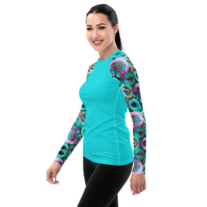 Women's Rash Guard and Layering Shirt in Posies and Turquoise Background