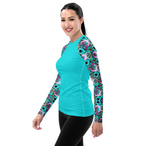 Women's Rash Guard in Original Design- Turquoise with Painted Posies