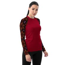 Load image into Gallery viewer, Women&#39;s UPF 50+Rash Guard/ Layering Shirt in Ankara Sleeves on Crimson Background
