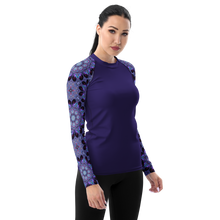 Load image into Gallery viewer, Women&#39;s Layering Shirt Rash Guard 50+ UPF in Rose Window Kaleidoscope Sleeves on Purple
