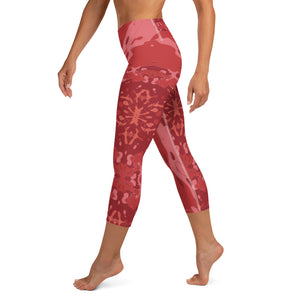 Women's High Waisted Pattern Leggings Capri Length Yoga Pants (Mid-Calf)- in "Pomegranate"