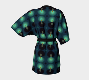 Kimono Style Jacket in Teal Drops, with Bamboo Fabric Edging & Detachable Belt