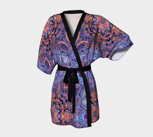 Ornate Purple Orange Design Kimono Jacket with Bamboo Edging & Detachable Belt