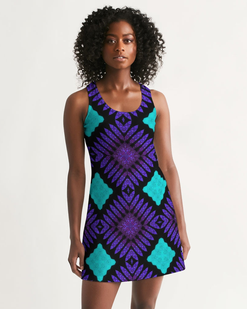 Ankara-Inspired African Wax Print Style Turquoise Purple Dress Women's Racerback Dress