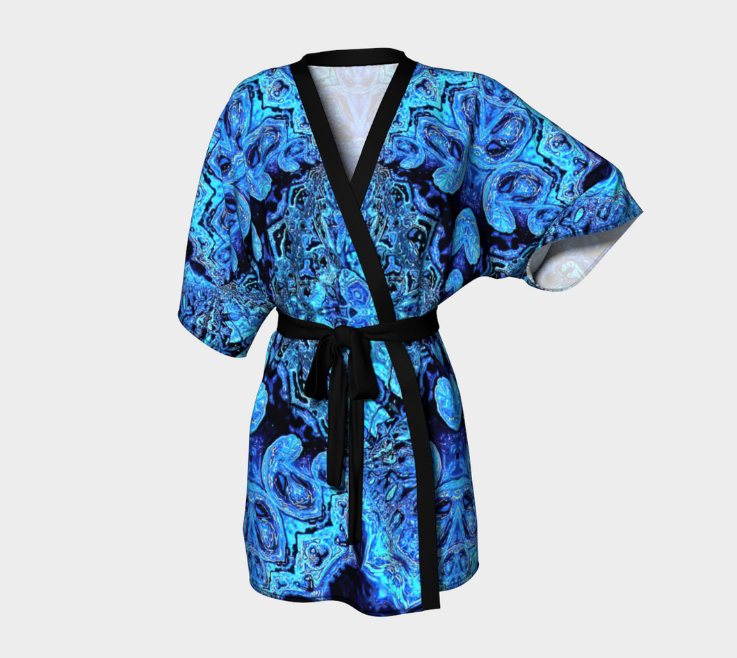 Ornate Tapestry in Blues Kimono Jacket with Bamboo Fabric Edging and detachable Belt